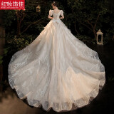 红妆饰佳婚纱礼服2025新款新娘 复古公主法式仪式出门纱主婚纱 浅香槟拖尾 L