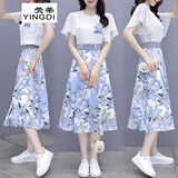 荧蒂碎花雪纺连衣裙女2025夏季韩版修身显瘦气质短袖T恤长裙套装裙子 蓝色 XXL