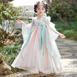 安妮优儿汉服女童春夏款中国风连衣裙儿童古风襦裙古装裙子唐装 绿色 140