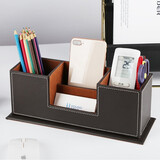 利蓝（LEADLAND）笔筒办公文具用品创意名片座架多功能收纳盒商务皮革文具盒单双排桌面摆件定制 【经典款】咖色双笔筒A125