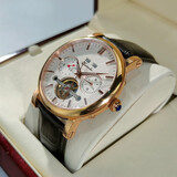 卡罗莱（CALUOLA）全自动机械表男士手表镂空飞轮真皮带男款手表防水学生潮流时尚 金白黑皮 CA1064M-2 飞轮款