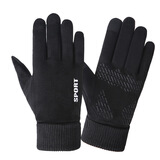 罗维利特麂皮绒手套男冬季加绒保暖薄款触屏半指露二指户外骑行跑步开车棉 麂皮绒全指-黑色 均码