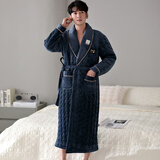 曲果（QUGUO）情侣睡衣冬季三层珊瑚绒夹棉女士加长款男士睡袍加厚保暖冬天浴袍 98070男款-藏青 3XL