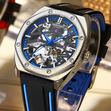 马克华菲（MARK FAIRWHALE）手表男士机械表全自动方形透底陀轮双面镂空夜光防水腕表国潮男表 银壳蓝面硅胶