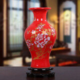 梓琦景德镇陶瓷器中国红结婚喜庆花瓶新婚客厅红色家居饰品玄关花瓶 红鱼尾瓶+底座