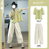 妍莉芬（yanlifen）休闲裤女装穿搭套装女2025夏季新款一整套小个子减龄两件套裤子 上衣+裤子 L 建议体重【105-120斤】