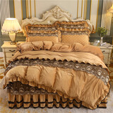 禧愿床裙四件套水晶绒法兰绒牛奶绒床盖夹棉床上魔法绒四件套 床裙床品套件 非全棉纯棉婚庆套件床罩套件 倾城浪漫-金驼 1.5米床 床裙三件套