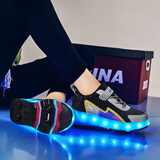 瑞央暴走鞋四轮隐形学生轮滑鞋收缩款可走路男童女童轮子鞋儿童成人鞋 黑色776四轮皮面带16种灯 38 码鞋内长24.9cm