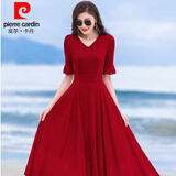 皮尔卡丹（pierre cardin）红色裙子2024女夏新款小个子长款大摆雪纺连衣裙仙气质沙滩长裙 酒红色连衣裙%7E五分袖 XL:建议115-125斤