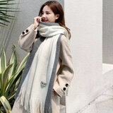健卡丹围巾女冬季长款加厚韩版百搭针织毛线围巾男秋冬学生软妹情侣围脖 双色贴标 白灰 加厚