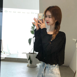 ins超火短款T恤女春秋冬内搭高腰长袖打底衫韩版潮露脐宽松上衣服 黑色 L （100-120斤）