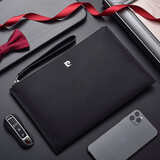 皮尔卡丹（pierre cardin）男士真皮信封包情人节手包时尚手抓包情人节手拿包头层牛皮带手绳 黑色大号28.7*19*2