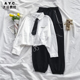 奥义驰秋季新款套装女学生韩版宽松设计感长袖衬衫+高腰工装裤两件潮 白色衬衣+黑色裤子【加领带】 L 建议105-120斤