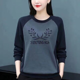 岩霓100%纯棉长袖t恤女中年圆领拼接印花2026春秋新款上衣宽松打底衫 灰色花纹 M 【建议100斤内】
