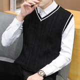 汉角  秋冬季男士V领毛衣秋装马甲加绒加厚潮流无袖保暖针织衫男冬天青年修身毛线衣休闲背心 凯906黑色【不加绒】 XL/175【120-135斤穿】