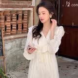 妙奕嘉纯欲裙子长袖连衣裙女海边沙滩裙度假长裙秋季仙气小个子气质高级 法式复古仙气荷叶边杏色长裙 M 【建议95-105斤】