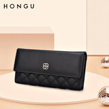 红谷（HONGU）新款女士钱包女长款牛皮钱包钱夹长三折女款钱包手拿包 黑色