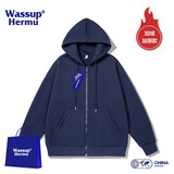 WASSUP HERMU官方潮流连帽卫衣男秋冬季运动休闲情侣套装大码外套潮牌长袖开衫 加绒加厚-深蓝色 XL （建议140-160斤)