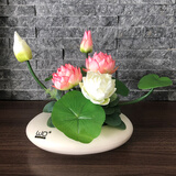 wo+供佛荷花摆设仿真莲花摆件佛前花禅意佛台花瓶佛堂供花百荷花 扁中式白盆+粉白色荷花