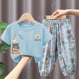 GOOFLORON儿童夏季套装2026新款纯棉短袖T恤男童女童宝宝洋气上衣两件套潮 浅蓝色T恤+蓝色防蚊裤 110 cm