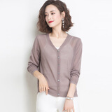 歌米拉 冰丝针织衫女开衫短款小外套夏季新款洋气薄女士长袖外搭 驼色 M(90-108斤)