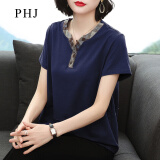 PHJ 短袖T恤女新款夏季宽松显瘦洋气小衫40岁50中年女士V领上衣 蓝色 3XL