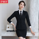 伊娅莎职业装女装套装两粒扣小西装外套女士长袖酒店经理工作服面试商务西服正装大学生时尚气质女神范工装 黑色西装+短裙 2XL（建议120-130斤）