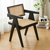 陶源木语欧式复古昌迪加尔椅藤编单人椅休闲餐椅家用靠背阳台坐椅实木椅子 黑色【5厘米座面+弧度靠背】