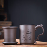 豪祥（HAOXIANG）紫砂茶杯茶水分离办公杯个人杯家用马克杯接待带盖过滤内胆泡茶杯 紫砂龙把办公杯-荷花
