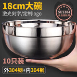 克洛迪雅304不锈钢泡面碗家用汤碗面碗成人学生食堂碗家用沙拉碗打饭碗 双层304 18cm大碗 10只装
