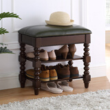 西伯侯真牛皮换鞋凳实木家用门口可坐软包坐垫美式胡桃色玄关鞋柜储物 胡+橄榄绿（50*30*48CM)不翻盖