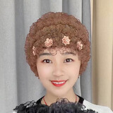 帽子女美人纱老人帽中老年遮白发帽头饰假发包头帽防尘蕾丝花朵帽 浅咖色