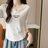 欧洛黛长袖t恤女v领2025春装女新款修身显瘦正肩t恤女不规则内搭上衣女 ODE小英文（白色）长袖V XL