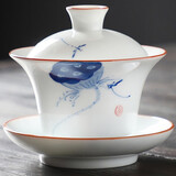 豪尊（HAOZUN）白瓷陶瓷三才盖碗茶盅茶具泡茶碗沏茶碗功夫茶具青花山水酒店家用 手绘蓝藕盖碗