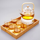 藏白 玻璃茶具套装 可蜡烛加热花茶壶家用过滤耐高温花草水果功夫茶杯整套 01款1000ml提梁壶+陶瓷底座+6直把杯+托盘