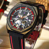 马克华菲（MARK FAIRWHALE）手表男士机械表全自动方形透底陀轮双面镂空夜光防水腕表国潮男表 黑壳红面硅胶