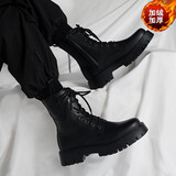 井迈【牛皮】马丁靴男中帮英伦秋冬款增高黑色高帮皮鞋机车工装短靴子 黑色高帮拉链【加绒款】 44 码（=运动鞋45）