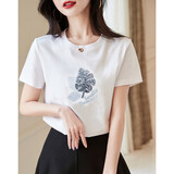 德玛纳（dme）【树叶亮片绣花女式t恤】夏季棉氨针织圆领短袖t恤女