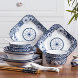 千扶里 餐具碗碟套装筷子盘子56件青花家用日式陶瓷碗具 22件方盘（面碗）