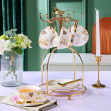 心饰园咖啡杯礼盒欧式高档骨瓷杯碟英式下午茶茶杯套装陶瓷生日礼物杯子 树叶（四杯碟）深蓝盒+金鸟架