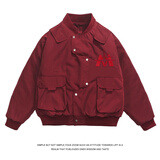 艾梵斯贝美式设计感加厚飞行服夹克外套男潮流痞帅宽松棒球服情侣冬季棉服 红色  冬季加棉加厚 2XL（160-185斤）