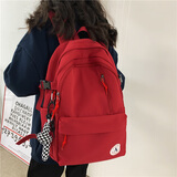 艾欣儿 潮牌初高中学生书包男女生大容量背包韩版简约高颜值百搭双肩包电脑包16英寸笔记本包 红色+扭扭结挂件