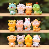 兮晓卡通可爱十二生肖迷你摆件小动物鼠牛虎兔马猪微景观模型儿童玩偶 12生肖摆件一套装F【12只装】