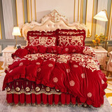 禧愿床裙四件套水晶绒法兰绒牛奶绒床盖夹棉床上魔法绒四件套 床裙床品套件 非全棉纯棉婚庆套件床罩套件 富贵花开-红絮 1.5米床 床裙三件套