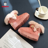 巴布豆儿童棉拖鞋冬宝宝1-3小孩加绒4-5岁男童6-9岁加绒保暖鞋女童棉拖 2016粉红 内长14cm 14码适合脚长12.5-13cm