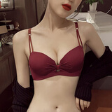 KJ性感内衣女无痕小胸聚拢调整型上托防下垂无钢圈薄款文胸罩 酒红色单件 M 75/34B【中厚聚拢】