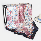 达芬奇密码 春秋季薄款大方巾女韩国百搭丝巾空姐领巾外搭防晒 花鸟彩绘 藏蓝