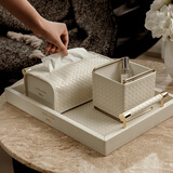 正想轻奢皮质笔筒纸巾收纳盒客厅茶几遥控器多功能餐巾抽纸盒装饰摆件 收纳盒+纸巾盒+托盘(米白)