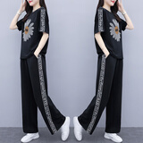 品汇菲大码女装套装胖妹妹夏季上衣微胖mm显瘦时尚小雏菊烫钻休闲两件套 黑色 薄款 七分裤 5XL 大建仪180-200斤