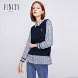 菲妮迪（FINITY）春装新款衬衫拼接假两件印花宽松显瘦设计感休闲上衣女 藏青色 L